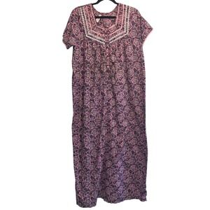 VTG Juliet kaftan Gown Large Pink‎ Purple Floral Paisley Lace Maxi House Dress